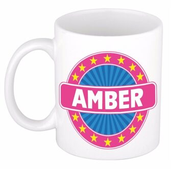 Bellatio Decorations Amber voornaam koffiemok - beker - wit/roze - 300 ml - Cadeau - Dames - Collega - Moederdag