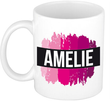 Bellatio Decorations Amelie naam cadeau koffie mok - beker - met roze verfstrepen - Cadeau collega - moederdag