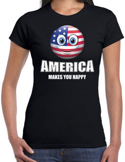 Bellatio Decorations America makes you happy landen t-shirt Amerika zwart voor dames met emoticon 2XL