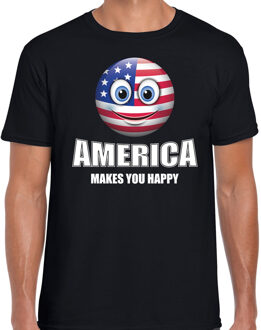 Bellatio Decorations America makes you happy landen t-shirt Amerika zwart voor heren met emoticon 2XL