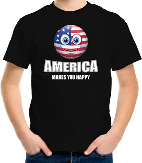 Bellatio Decorations America makes you happy landen t-shirt Amerika zwart voor kinderen met Emoticon L (146-152)