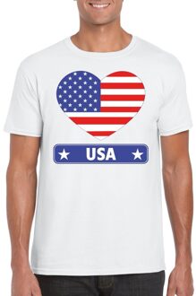 Bellatio Decorations Amerika t-shirt met amerikaanse vlag in hart wit heren 2xl