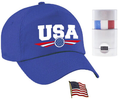 Bellatio Decorations Amerika USA supporters setje - baseballcap blauw - vlag kleur schminkstift - broche - volwassenen
