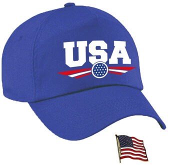 Bellatio Decorations Amerika/USA supporters setje - baseballcap print blauw - colbert pin broche vlag - volwassenen