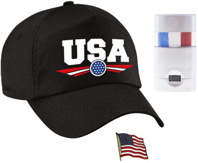Bellatio Decorations Amerika USA supporters setje - baseballcap zwart - vlag kleur schminkstift - broche - volwassenen