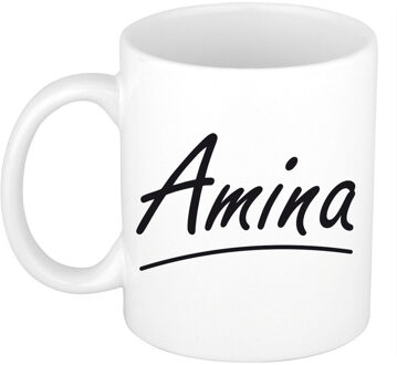 Bellatio Decorations Amina Naam koffiemok - beker - met sierlijke letters - wit - 300 ml - Cadeau - Dames
