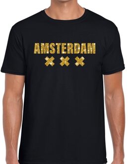 Bellatio Decorations Amsterdam gouden glitter tekst t-shirt zwart heren M