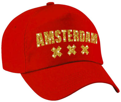 Bellatio Decorations Amsterdam pet / cap rood met gouden letters voor dames en heren - Verkleedhoofddeksels