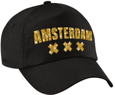 Bellatio Decorations Amsterdam pet / cap zwart met gouden letters voor dames en heren - Verkleedhoofddeksels