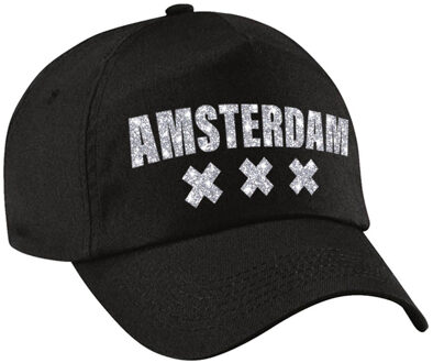 Bellatio Decorations Amsterdam pet / cap zwart met zilveren letters voor dames en heren - Verkleedhoofddeksels