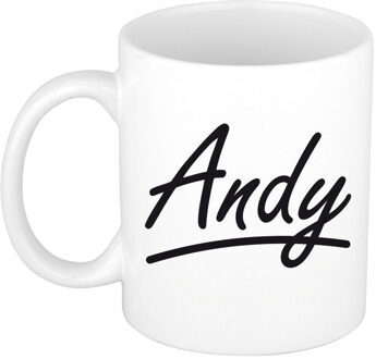 Bellatio Decorations Andy Naam koffiemok - beker - met sierlijke letters - wit - 300 ml - Cadeau - Heren