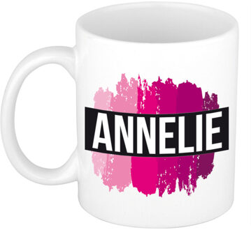 Bellatio Decorations Annelie naam cadeau koffie mok - beker - met roze verfstrepen - Cadeau collega - moederdag