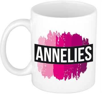 Bellatio Decorations Annelies naam cadeau koffie mok - beker - met roze verfstrepen - Cadeau collega - moederdag