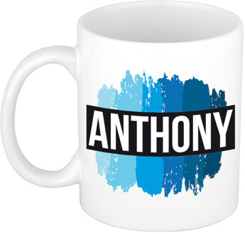 Bellatio Decorations Anthony naam cadeau koffie mok - beker - met blauw verfstrepen - Cadeau collega - vaderdag