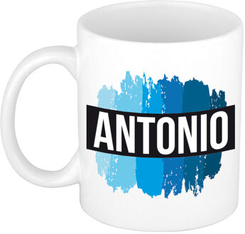 Bellatio Decorations Antonio naam cadeau koffie mok - beker - met blauw verfstrepen - Cadeau collega - vaderdag