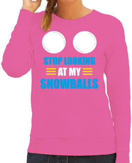 Bellatio Decorations Apres ski sweater dames - stop looking at my snowballs - roze - wintersport 2XL