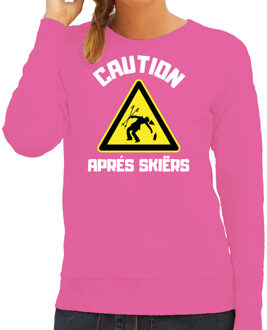 Bellatio Decorations Apres ski sweater/trui voor dames - apres ski waarschuwing - roze - wintersport 2XL