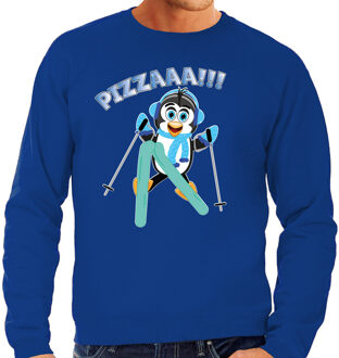 Bellatio Decorations Apres ski sweater voor heren - Pizzaaaa! - pinguin - blauw - wintersport - snowboarden L