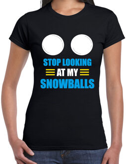 Bellatio Decorations Apres ski t-shirt - Stop looking at my snowballs - zwart dames - Wintersport - Foute apres M