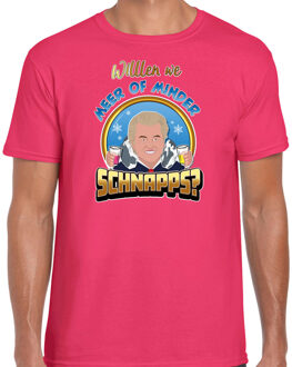 Bellatio Decorations Apres ski t-shirt voor heren - meer of minder schnaps - roze - wintersport - Wilders - politiek M