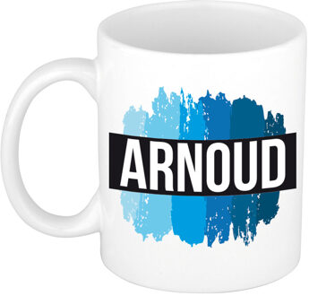 Bellatio Decorations Arnoud naam cadeau koffie mok - beker - met blauw verfstrepen - Cadeau collega - vaderdag