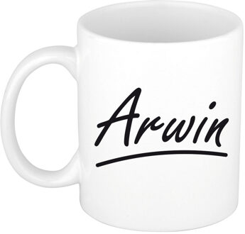 Bellatio Decorations Arwin Naam koffiemok - beker - met sierlijke letters - wit - 300 ml - Cadeau - Heren