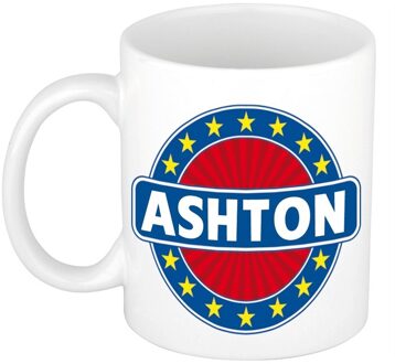 Bellatio Decorations Ashton voornaam koffiemok - beker - wit/blauw - 300 ml - Cadeau - Heren - Collega - Vaderdag Multi