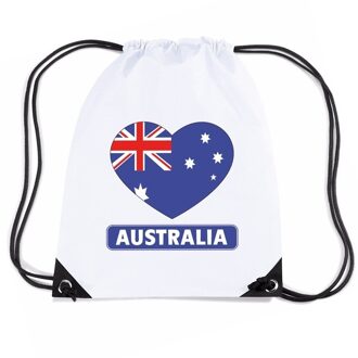 Bellatio Decorations Australie thema sporttas - nylon rijgkoord rugzak - wit met hartjes vlag print - supporters