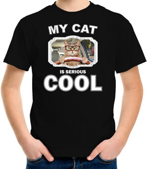 Bellatio Decorations Auto rijdende kat rijdende katten t-shirt my cat is serious cool zwart - kinderen - katten / poezen liefhebber cadeau shirt L (146-152)