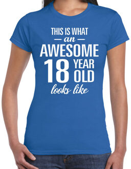 Bellatio Decorations Awesome 18 year / 18 jaar cadeau t-shirt blauw dames