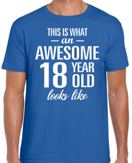 Bellatio Decorations Awesome 18 year / 18 jaar cadeau t-shirt blauw heren 2XL