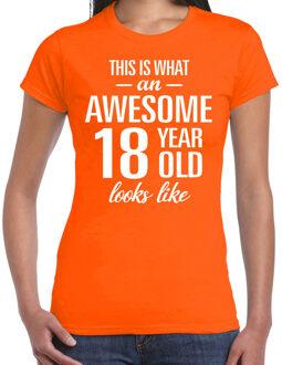 Bellatio Decorations Awesome 18 year / 18 jaar cadeau t-shirt oranje dames 2XL