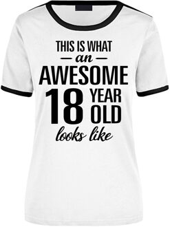 Bellatio Decorations Awesome 18 year / 18 jaar wit/zwart ringer cadeau t-shirt voor dames L