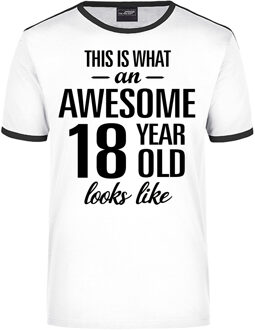 Bellatio Decorations Awesome 18 year / 18 jaar wit/zwart ringer cadeau t-shirt voor heren 2XL