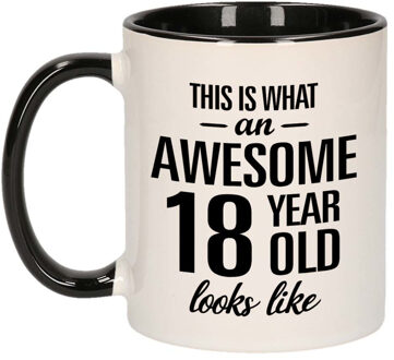 Bellatio Decorations Awesome 18 year old mok / beker zwart wit 300 ml - Verjaardag mokken - feest mokken