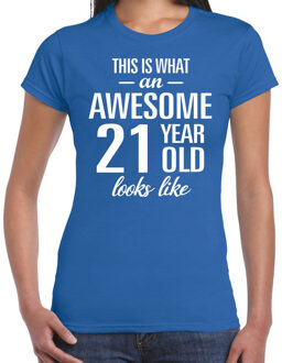 Bellatio Decorations Awesome 21 year / 21 jaar cadeau t-shirt blauw dames 2XL