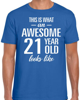 Bellatio Decorations Awesome 21 year / 21 jaar cadeau t-shirt blauw heren 2XL