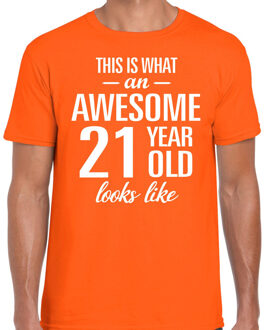 Bellatio Decorations Awesome 21 year / 21 jaar cadeau t-shirt oranje heren 2XL