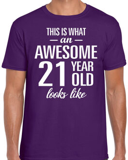 Bellatio Decorations Awesome 21 year / 21 jaar cadeau t-shirt paars heren 2XL