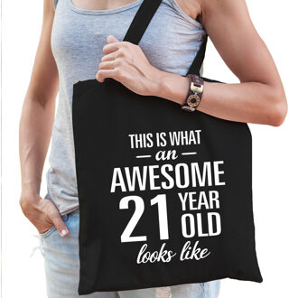 Bellatio Decorations Awesome 21 year / geweldig 21 jaar cadeau tas - zwart - voor dames - kado tas - verjaardag