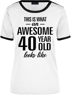 Bellatio Decorations Awesome 40 year / 40 jaar wit/zwart ringer cadeau t-shirt voor dames L