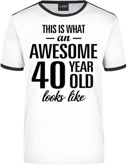 Bellatio Decorations Awesome 40 year / 40 jaar wit/zwart ringer cadeau t-shirt voor heren 2XL