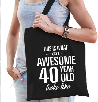 Bellatio Decorations Awesome 40 year / geweldig - 40 jaar cadeau tas - zwart - voor dames - kado tas / verjaardag