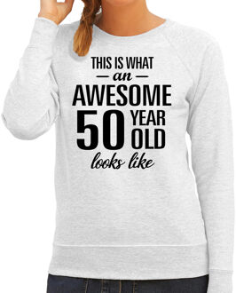 Bellatio Decorations Awesome 50 year / 50 jaar cadeau sweater / trui grijs dames - Sarah 2XL