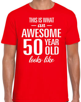 Bellatio Decorations Awesome 50 year / 50 jaar cadeau t-shirt rood heren