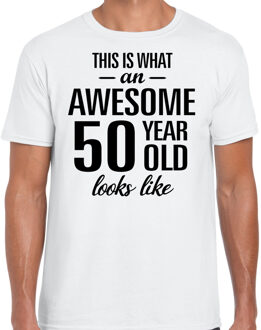 Bellatio Decorations Awesome 50 year / 50 jaar cadeau - t-shirt - wit - heren - leeftijd - verjaardag M