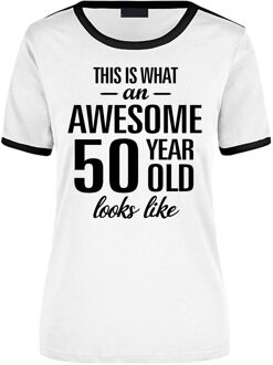 Bellatio Decorations Awesome 50 year / 50 jaar wit/zwart ringer cadeau t-shirt voor dames - Sarah L