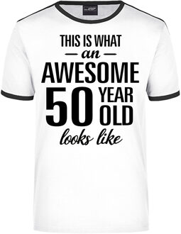 Bellatio Decorations Awesome 50 year / 50 jaar wit/zwart ringer cadeau t-shirt voor heren - Abraham 2XL