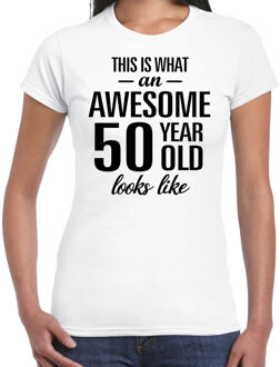 Bellatio Decorations Awesome 50 year cadeau t-shirt - wit - dames - Sarah / 50 jaar verjaardag cadeau L