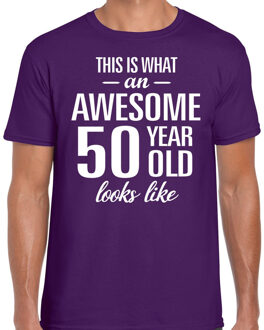 Bellatio Decorations Awesome 50 year - geweldige 50 jaar cadeau t-shirt - paars - voor heren - Verjaardag cadeau
